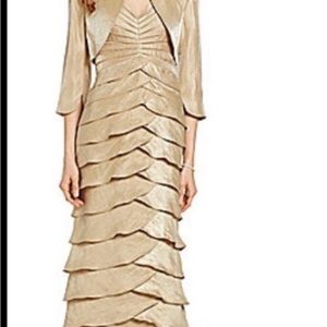 Eye-catching Taupe/Gold Adrianna Papell Scalloped Evening Gown with Jacket